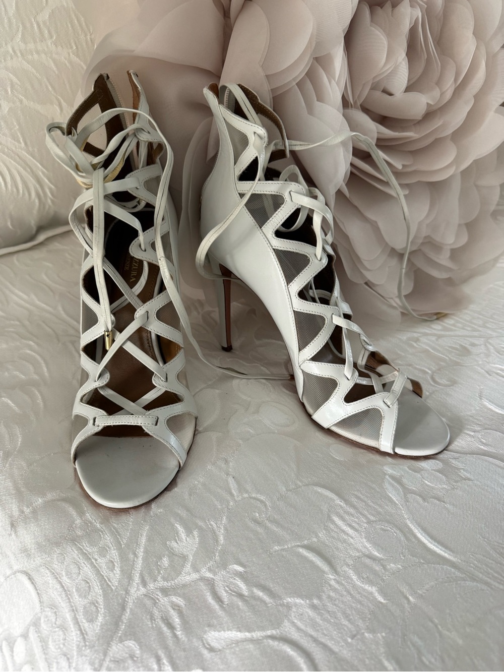 Aquazzura Lace-Up White Stiletto Sandals sz 9.5
